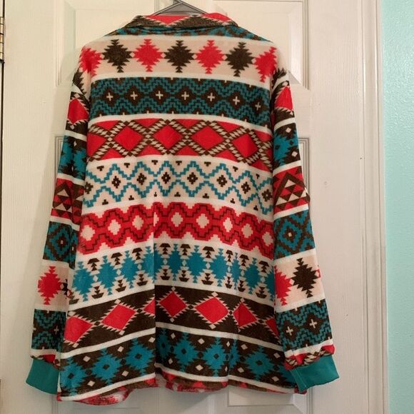 Western Aztec Print Fuzzy Pullover Sweatshirt Red, Teal Brown and White Size XXL - Picture 3 of 3
